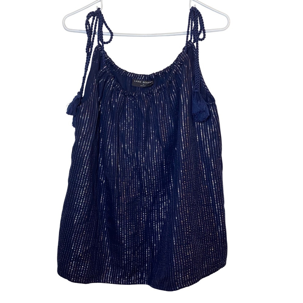 Lane‎ Bryant Tank Top Size 12 Sleeveless Blue Silver Metallic Tassel Tie Strap